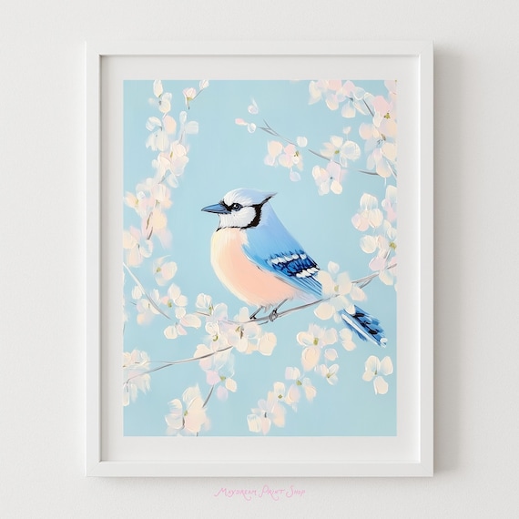 Blue Jay Perched on Cherry Blossom Branch Pastel Bird Art Poster