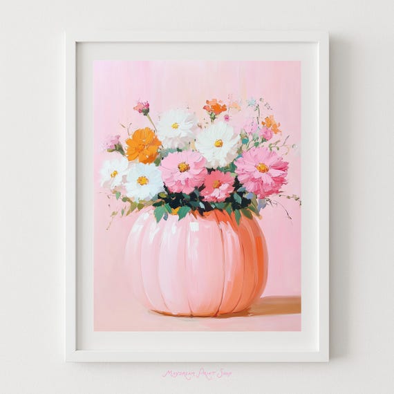 Floral Pumpkin Art Fall Home Decor Painting Of Flowers In Pink Autumn Instant Girly Halloween