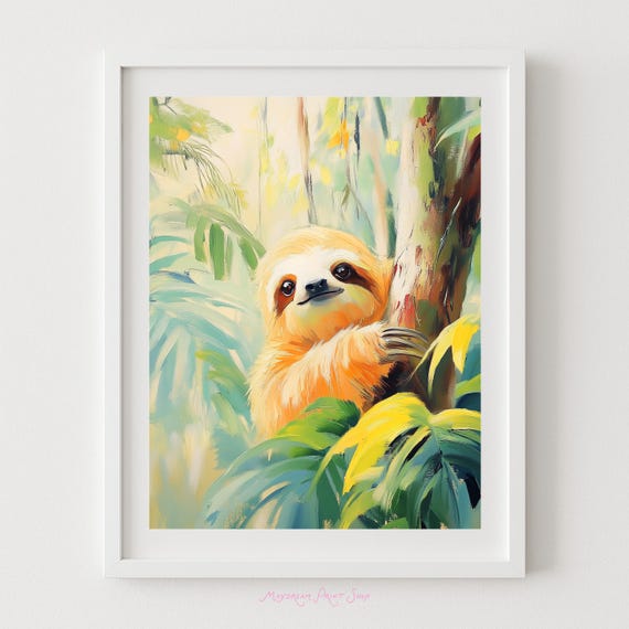 Cute Sloth Painting Tropical Rainforest Animal Wall Art Jungle Home Decor Colorful