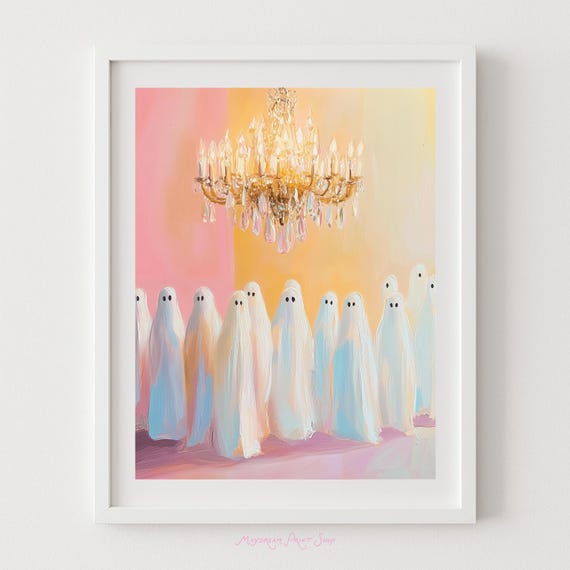 Spooky Ghosts Party Art Haunted Ballroom Chandelier Poster Pink Fall Decor October Painting Elegant Ghouls