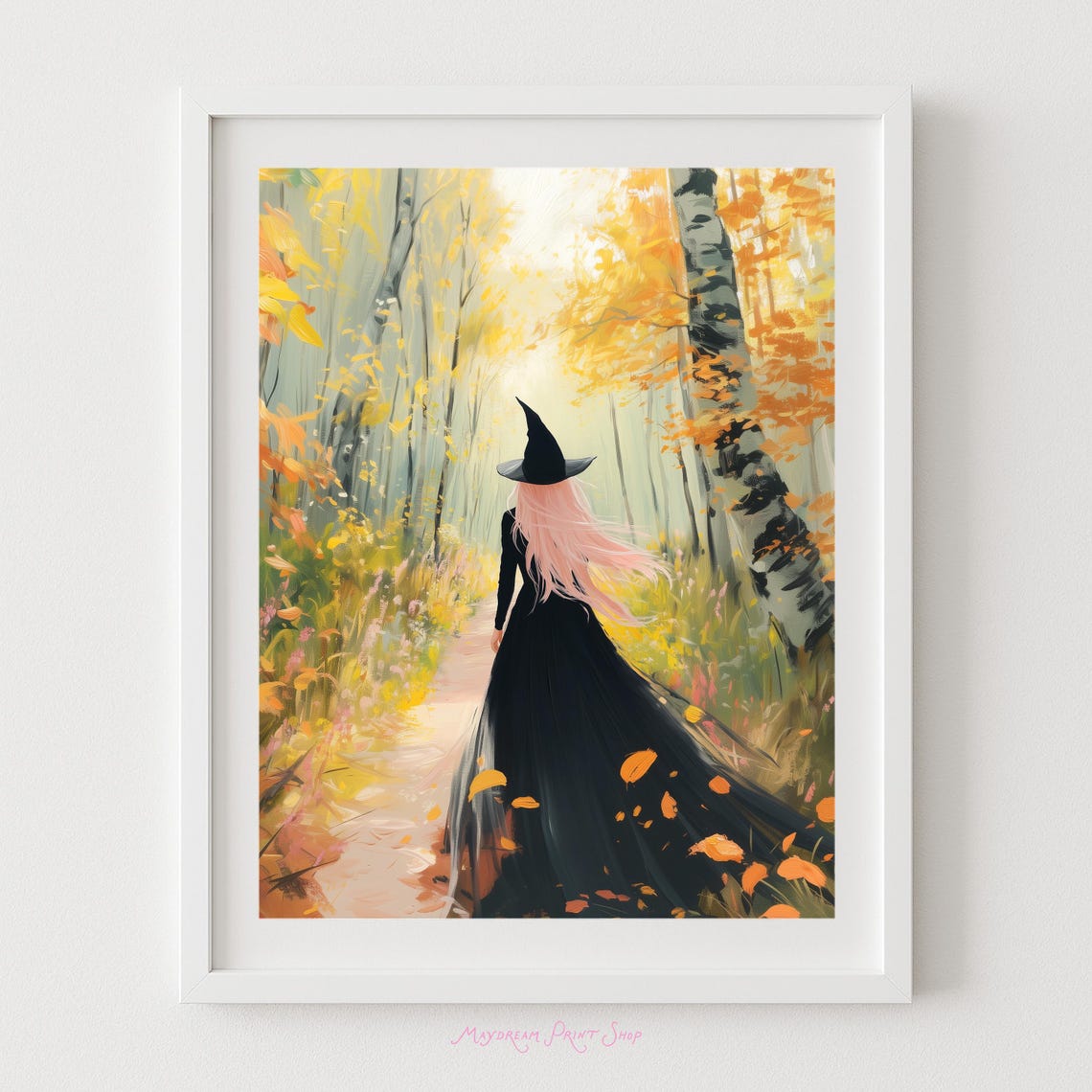 Halloween Witch With Pink Hair Art Spooky Autumn Forest Fall Leaves Falling Mystical Artwork Woman In Hat Print