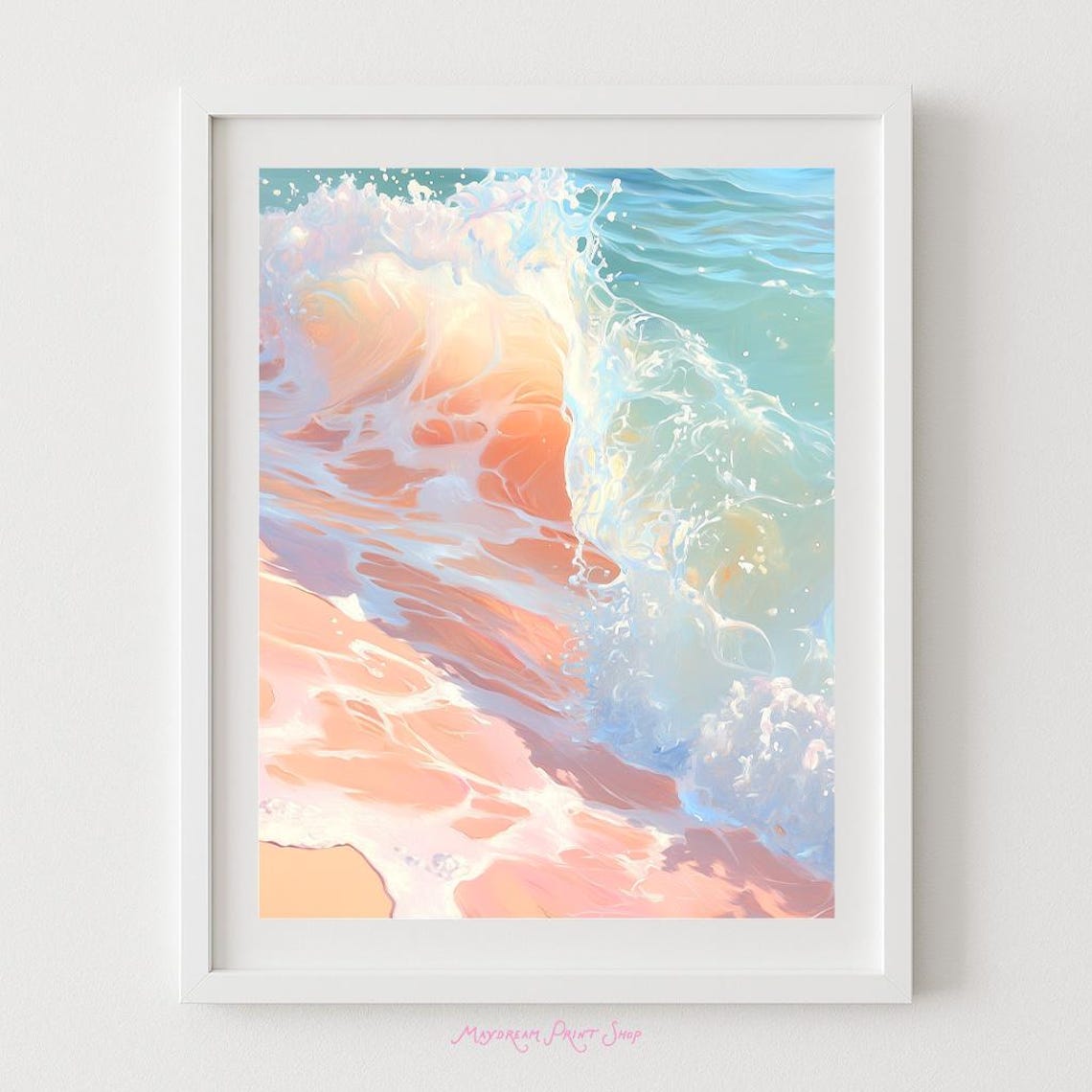 Pastel Pink Ocean Wave Crashing Turquoise Water Surf Art Poster