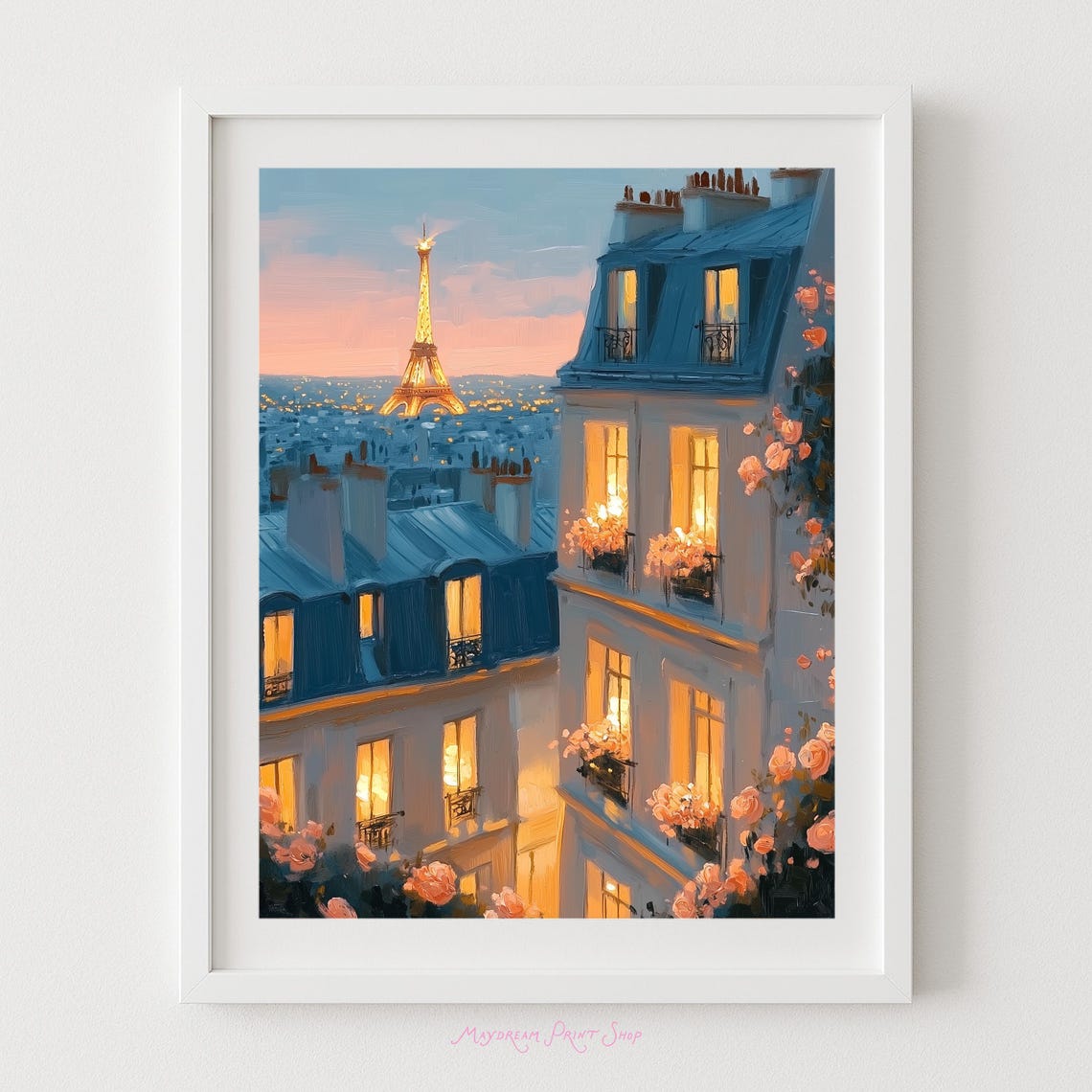 Paris at Night Eiffel Tower Glowing Windows Painting Art Poster