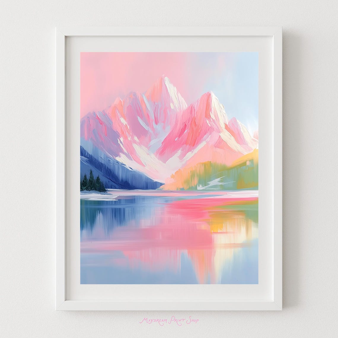 Pastel Pink Mountain Peaks Reflected In Lake Painting Poster