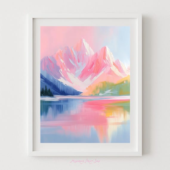 Mountain Painting Art Colorful Neon Tones Abstract Landscape Pink Green Blue Winter Wall Decor Modern Home Bedroom Artwork