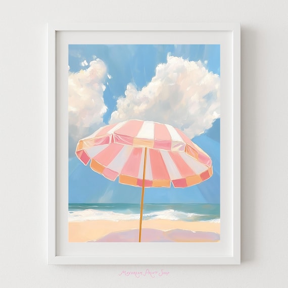 Pink Striped Beach Umbrella Blue Ocean Coast Painting Poster
