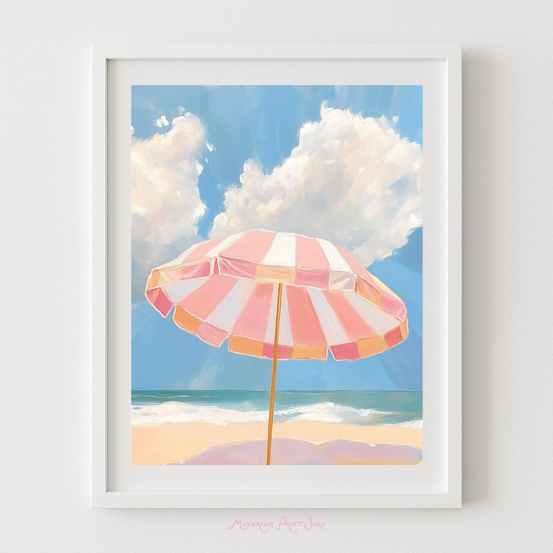 Pink Striped Beach Umbrella Blue Ocean Coast Painting Poster