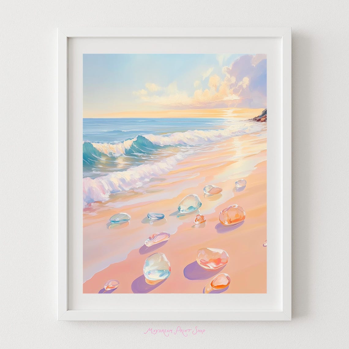 Pastel Sea Glass Pebbles Beach Sunset Waves Soft Coastal Art Print