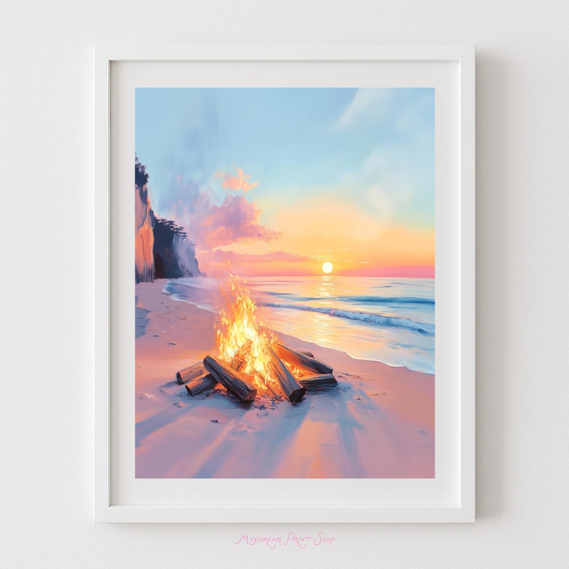 Sunset Bonfire Painting Beach Art Summer Coastal Camping Print Colorful Pastel Wall Decor For Collage