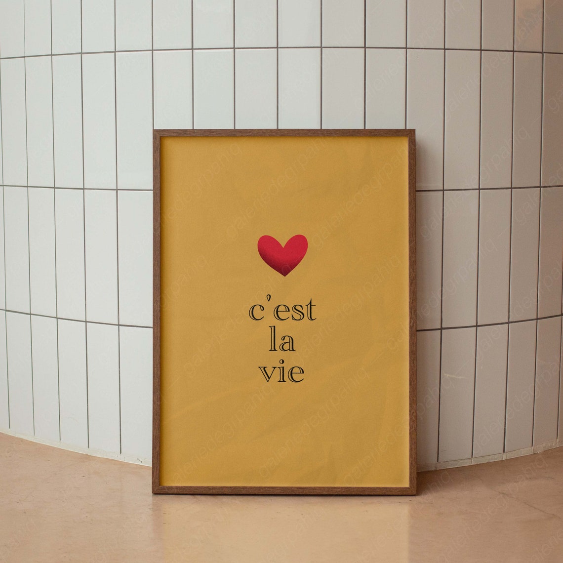 Cest La Vie Red Heart Mustard Yellow French Love Minimal Poster
