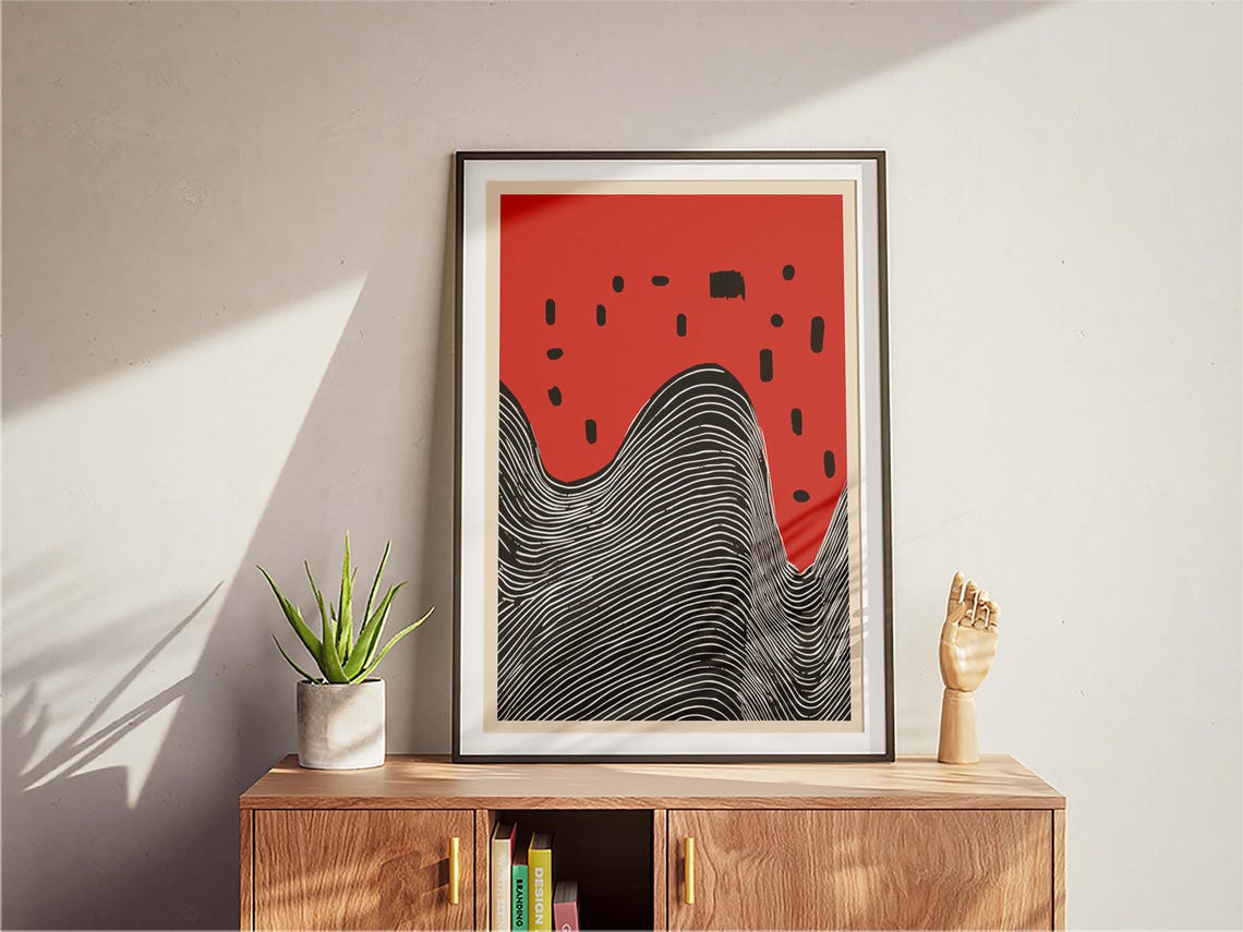 Black Dashes On Red Bold Abstract Wavy Stripes Mid Century Poster - Image 3