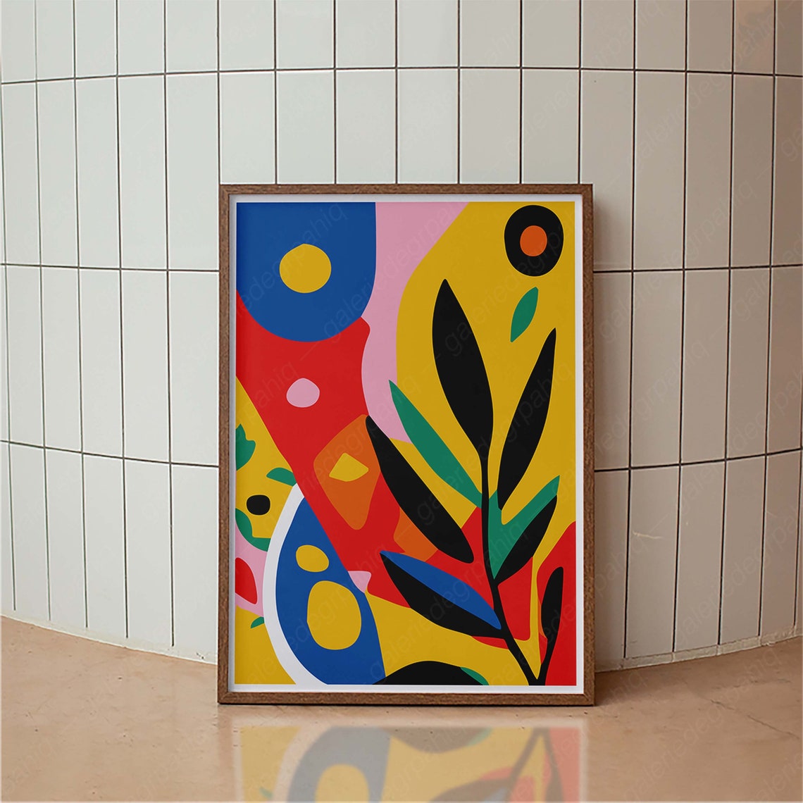 Colorful Abstract Botanical Blue Yellow Leaf Branch Modern Poster