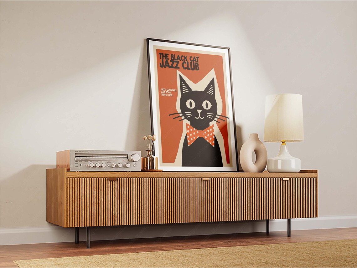 Retro Black Cat Jazz Club Poster, Mid-Century Print - Image 2