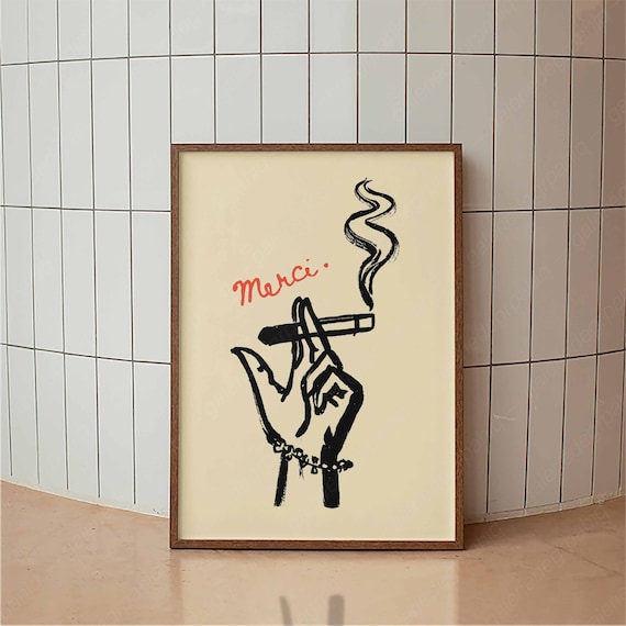 Retro Merci Cigarette Minimal Poster Mid Century Modern Typography Print Hand Drawn Minimalist Wall Art Living Room Decor Bedroom Art
