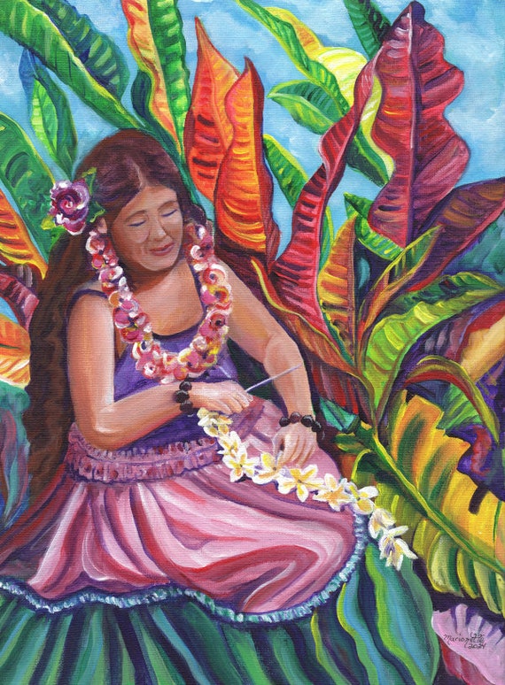 The Lei Maker From Kauai Hawaii Original Acrylic Painting Hawaiian Woman Making A Plumeria Lei