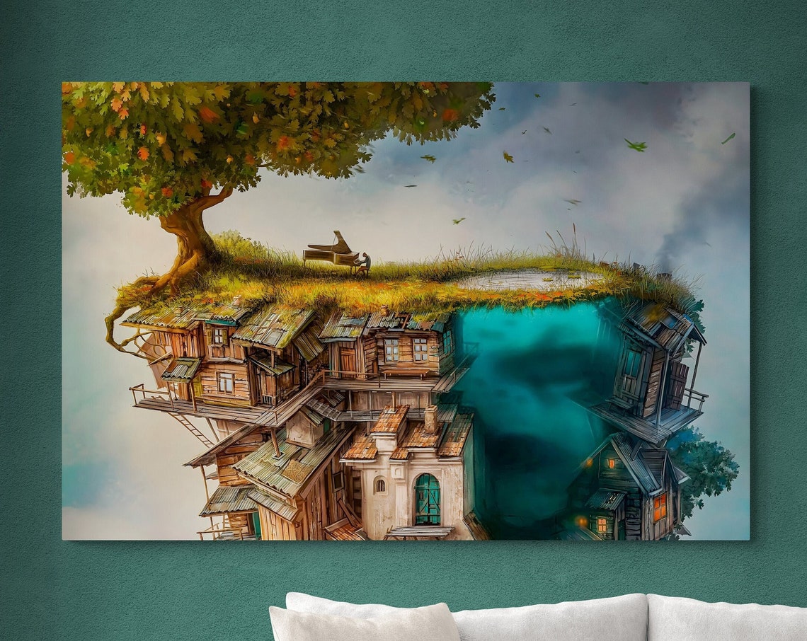 Surreal Floating Island Village Grand Piano Autumn Tree Fantasy Poster - Image 3