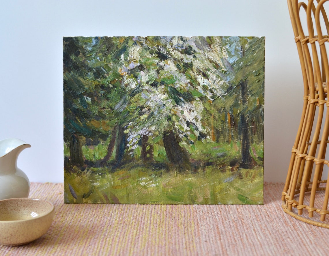 Blossoming Tree In Green Forest Spring Landscape Scene Art Poster