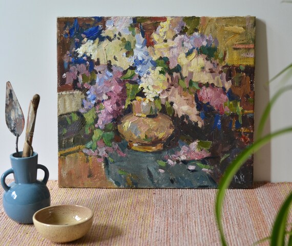 Original Floral Still Life Oil Painting Spring Lilac Flowers In A Vase Moody Flower Bouquet Unique Wall Art In Vintage Style Fine Art