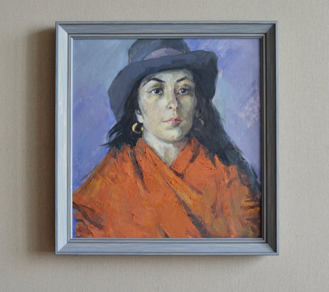 Woman In Dark Hat With Gold Earring And Orange Shawl Wall Art - Image 3