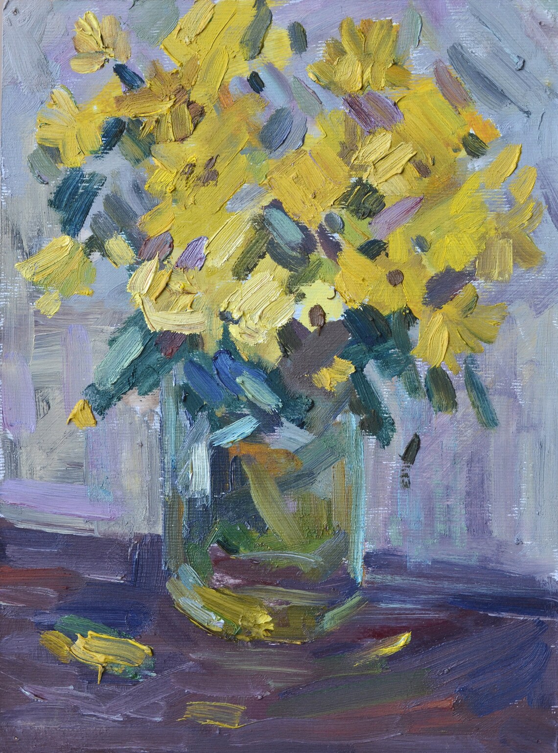 Yellow Flowers Bouquet In Glass Vase Still Life Painting Art Poster - Image 4