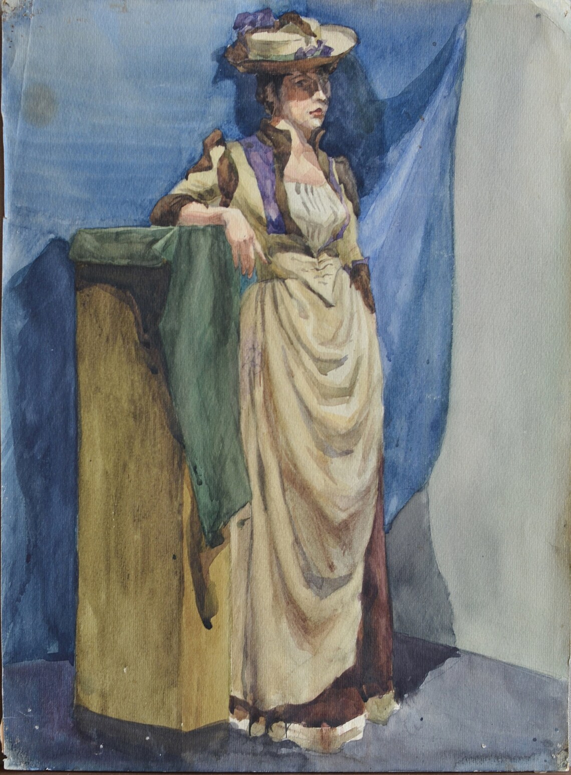Antique Watercolor Female Portrait Woman in Cream Gown Blue Drapery Art Print - Image 4