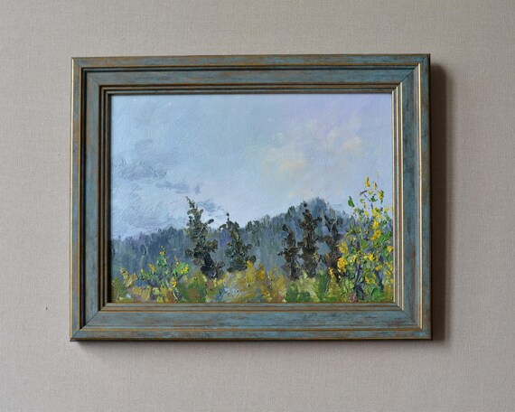 Original Framed Landscape Oil Painting On Canvas Natural Scenery With Cypress Trees And Mountains European Fine Art One Of A Kind Unique