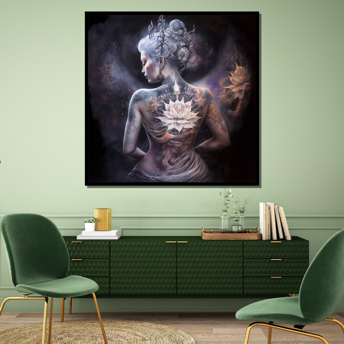 Mystical Tattooed Goddess Cosmic Lotus Fantasy Portrait Dark Surreal Painting Poster - Image 3