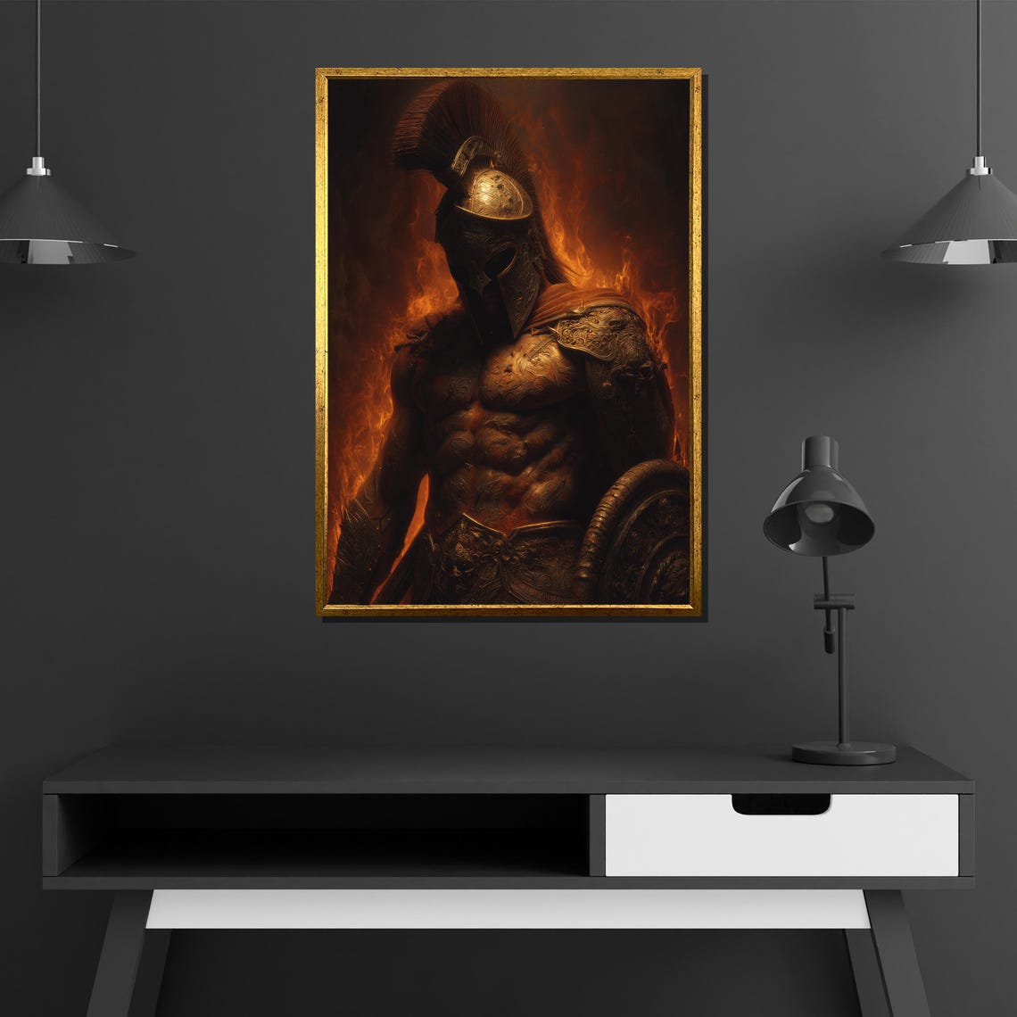 Spartan Warrior Bronze Armor Flames Epic Ancient Battle Poster - Image 2