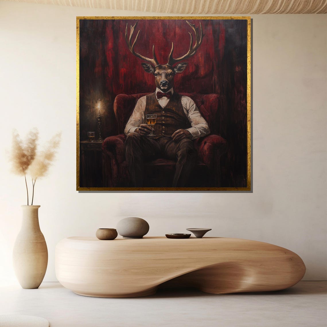 Gentleman Stag in Bow Tie Velvet Chair Whiskey Anthropomorphic Poster