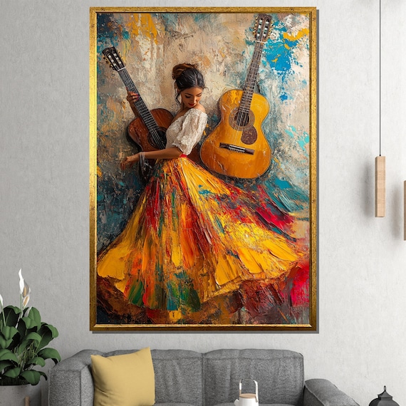 Flamenco Dancer Colorful Skirt Guitars Vibrant Spanish Dance Painting Poster