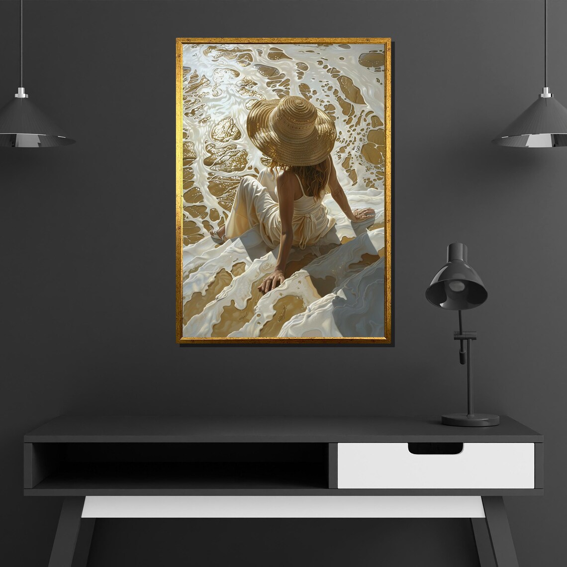 Woman in Straw Hat Sitting in Ocean Foam Waves Aerial Beach View Painting Poster - Image 4