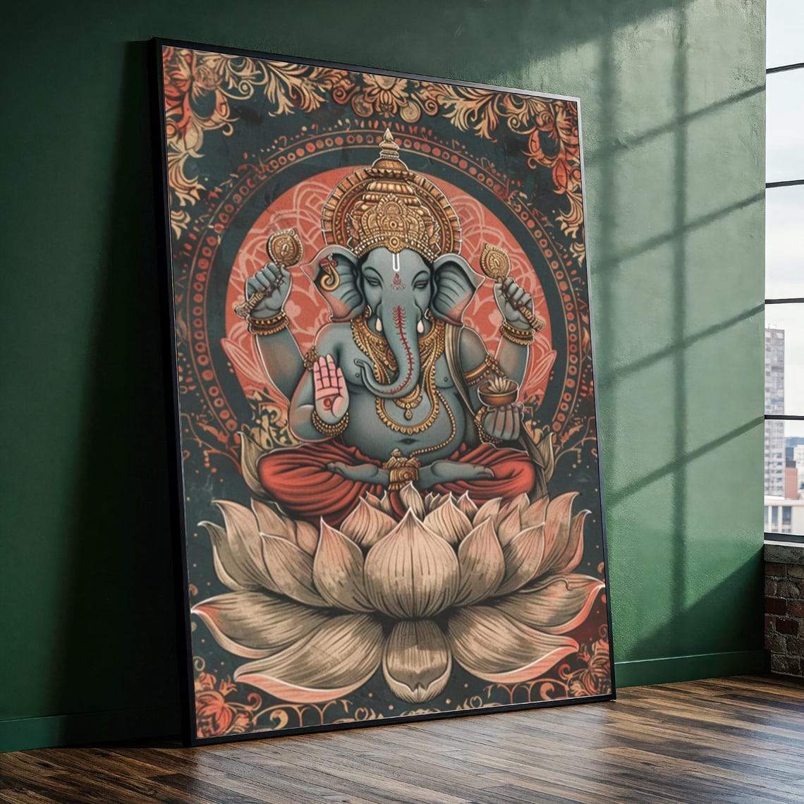 Meditating Ganesha Golden Lotus Dark Teal Sacred Boho Art Poster