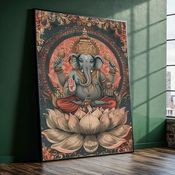 Meditating Ganesha Golden Lotus Dark Teal Sacred Boho Art Poster
