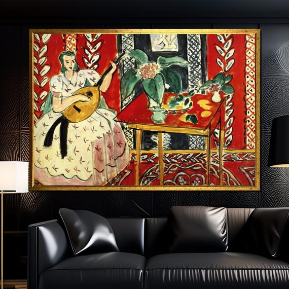 Henri Matisseinspired Boho Mandolin Art Vibrant Red Expressionist Canvas Paintingready To Hang Gift For Modern Home Dcor