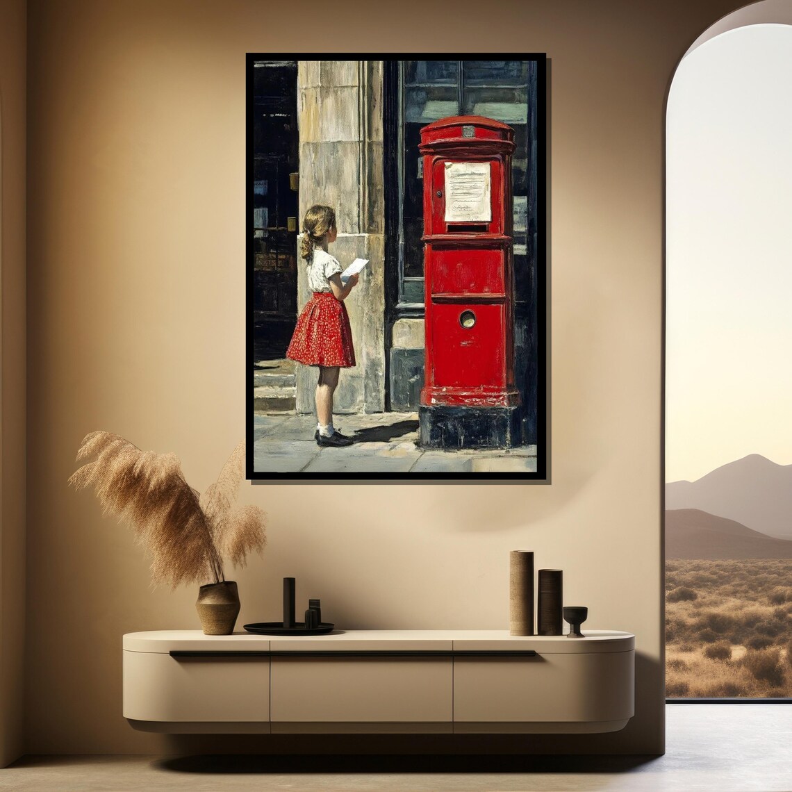 Little Girl Posting Letter Red British Mailbox Sunlit Street Poster - Image 3