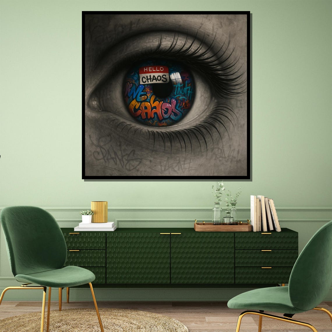 Hyperrealistic Eye With Graffiti Iris Hello Chaos Statement Poster - Image 2