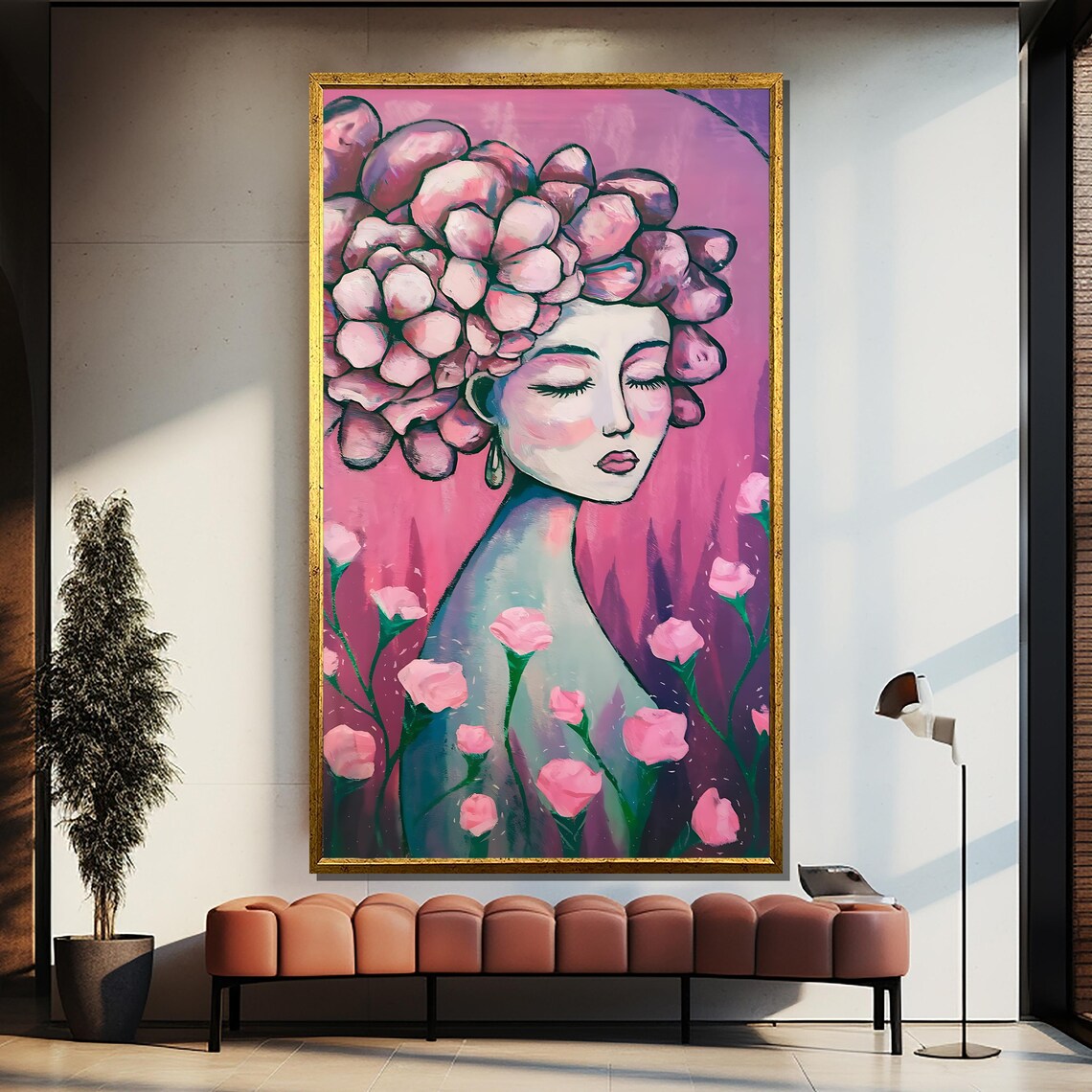 Dreamy Floral Woman Pink Peony Crown Abstract Feminine Portrait Poster