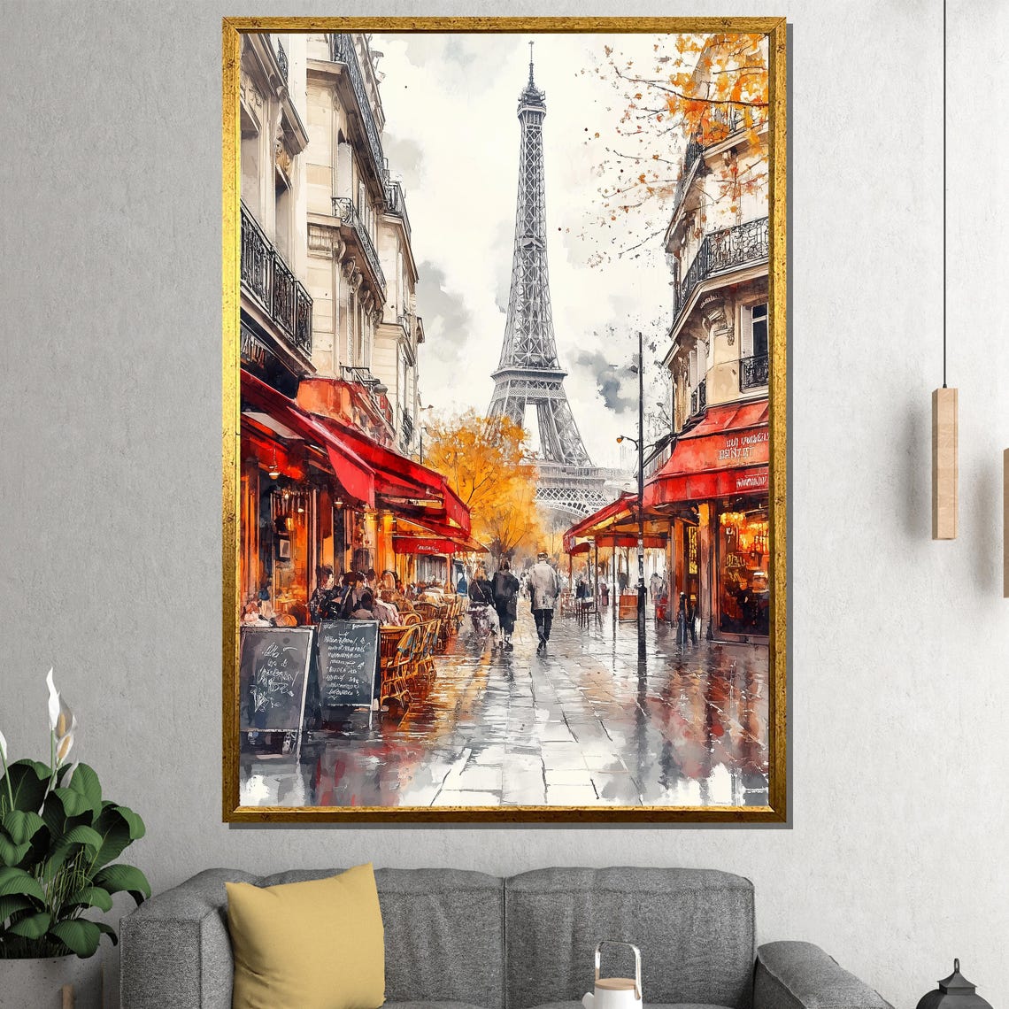 Paris Street Eiffel Tower Watercolor Cafe Scene Romantic Poster