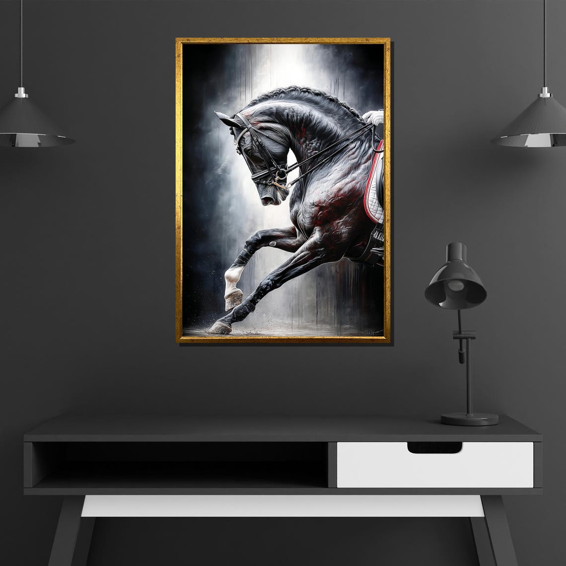 Black Horse Leaping Dramatic Dark Equestrian Fine Art Poster - Image 3