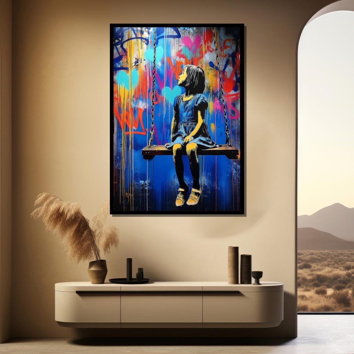 Girl on Swing Stencil Graffiti Wall Hearts Street Art Style Poster - Image 3