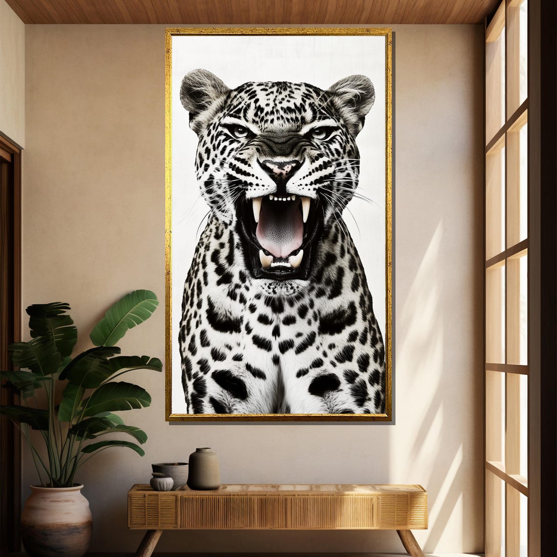 Fierce Snarling Spotted Big Cat Monochrome Wildlife Art Poster - Image 2