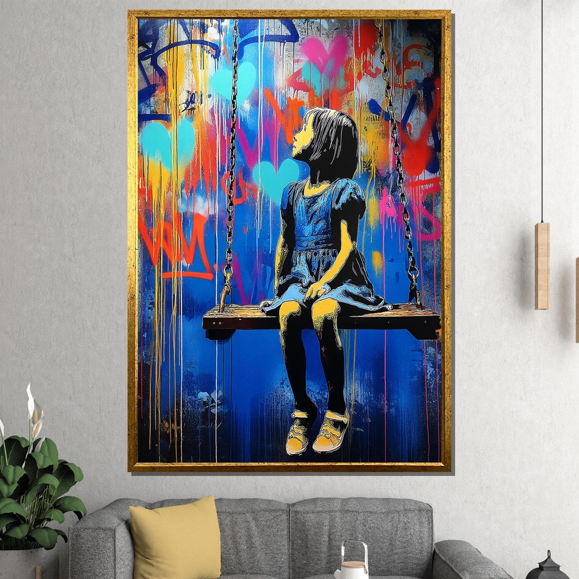 Girl on Swing Stencil Graffiti Wall Hearts Street Art Style Poster