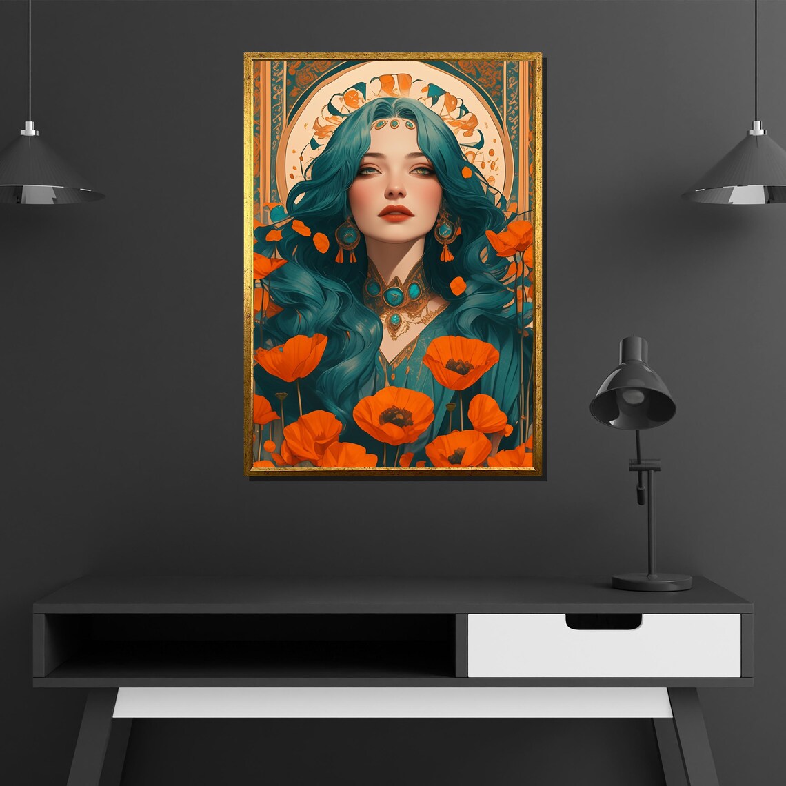 Teal Haired Goddess With Orange Poppies Art Nouveau Fantasy Poster - Image 4