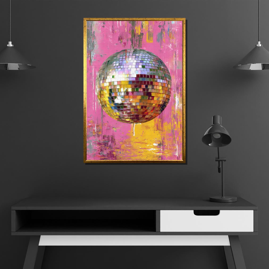 Mirror Ball Hanging Over Pink Abstract Neon Party Painting Poster - Image 4