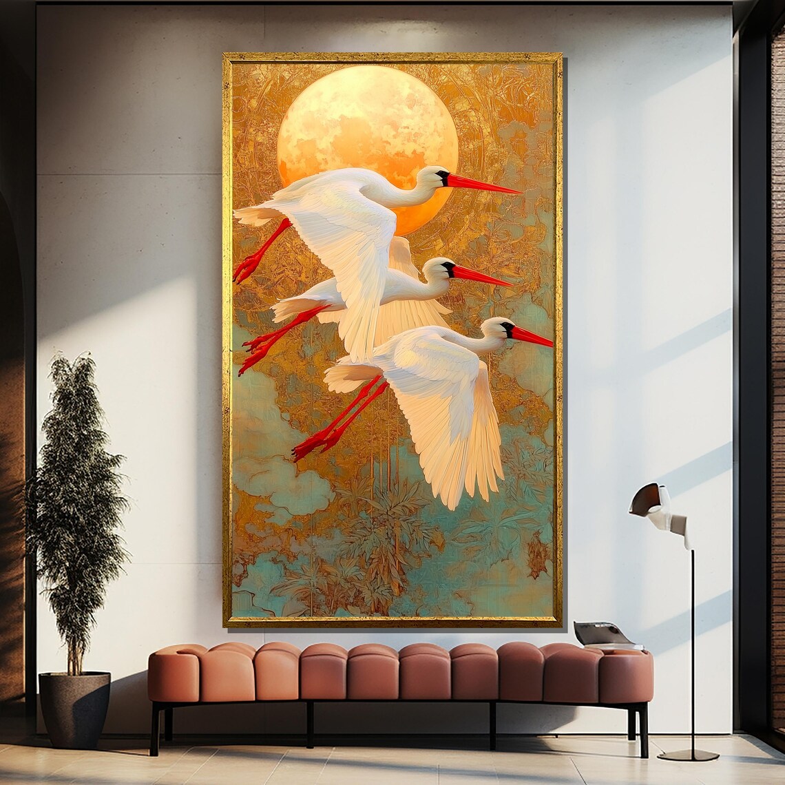 Golden Crane Art Print, Oriental Bird Moon - Image 2