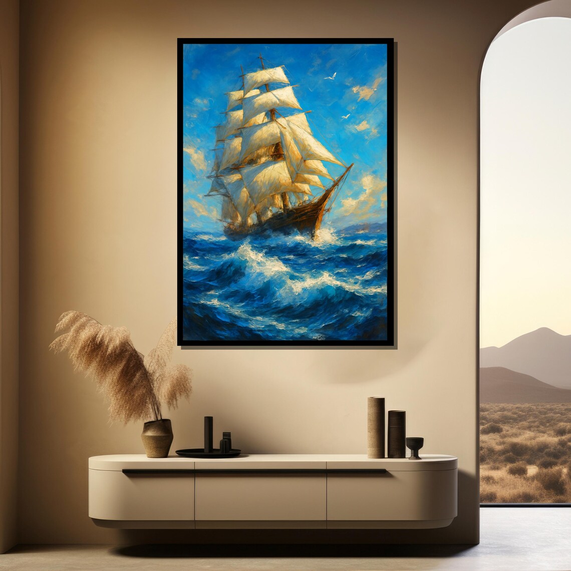 Majestic Tall Ship with Billowing Sails on Deep Blue Ocean Waves Painting Poster - Image 3