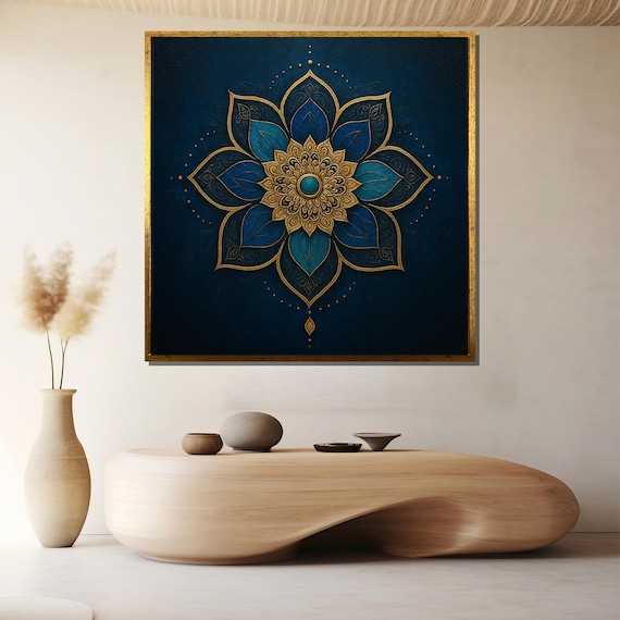 Serene Blue And Gold Mandala Lotus Flower Meditative Wall Poster