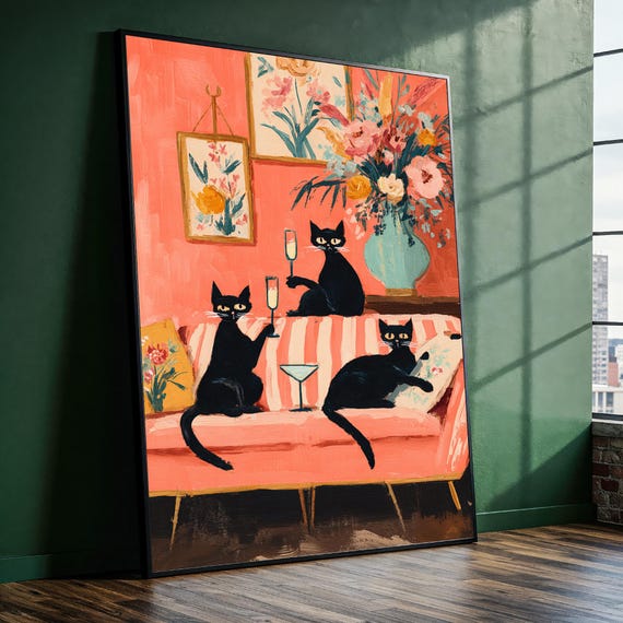 Black Cats On Sofa Canvas Painting Playful Cocktail Art For Cat Lovers Fun Wall Decor Cute Pet Gift Living Room Or Office