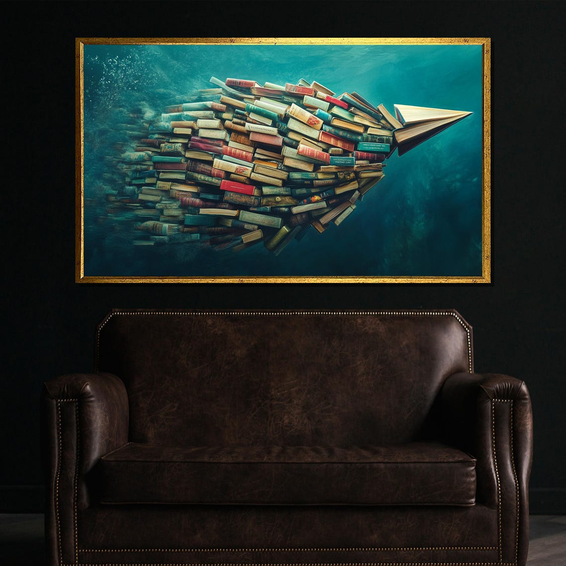 Surreal Underwater Arrow Made of Books Teal Ocean Knowledge Art Poster