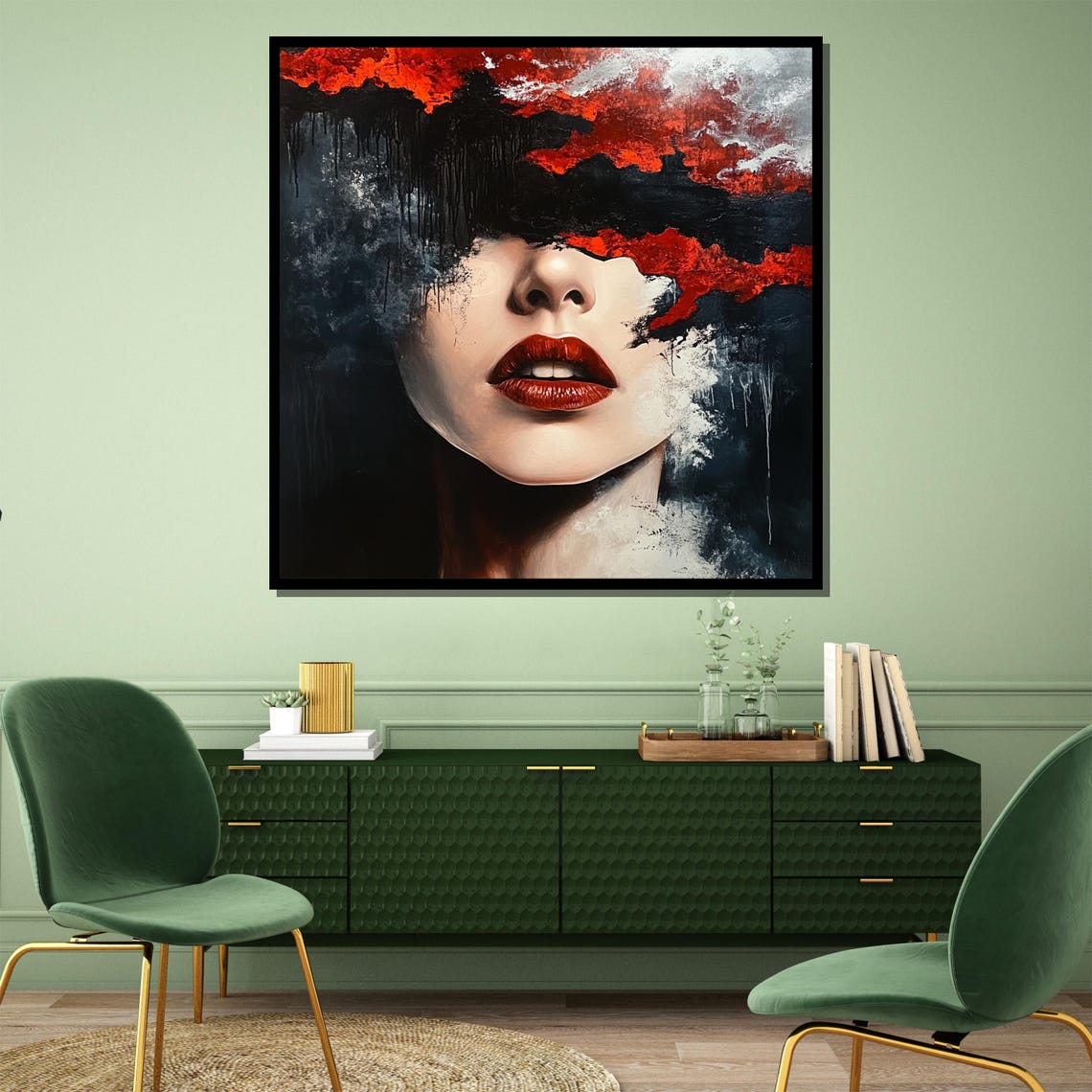 Woman Face With Red Lips Black Crimson Abstract Moody Portrait Poster - Image 3